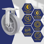 8" 2 Pack Plate Caster, Thermoplastic Heavy Duty Rubber Gray Rigid Caster, Top Plate Caster, 1200 lbs Total Capacity (8 inches Pack of 2, Rigid Wheel)