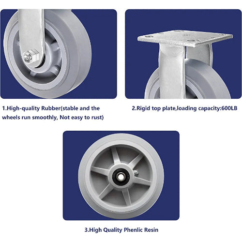 8" 2 Pack Plate Caster, Thermoplastic Heavy Duty Rubber Gray Rigid Caster, Top Plate Caster, 1200 lbs Total Capacity (8 inches Pack of 2, Rigid Wheel)