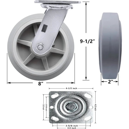 Premium 8" Heavy Duty Rubber Plate Casters (2-Pack) with 1200 lbs Total Capacity - Swivel Wheel Design, Easy Installation, Ideal for Industrial and Commercial Use