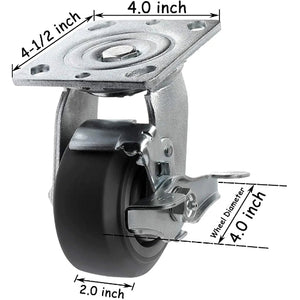 Heavy Duty 4 Inch Rubber Plate Casters - 4 Pack with 2 Brakes, 1400 lbs Total Capacity - Thermoplastic Swivel Caster Set