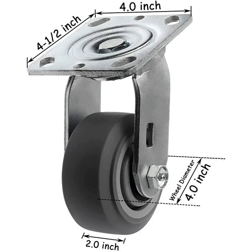 Heavy Duty 4 Inch Rubber Plate Casters - 4 Pack with 2 Brakes, 1400 lbs Total Capacity - Thermoplastic Swivel Caster Set