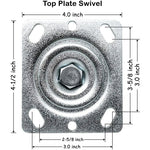 Heavy Duty 4 Inch Rubber Plate Casters - 4 Pack with 2 Brakes, 1400 lbs Total Capacity - Thermoplastic Swivel Caster Set