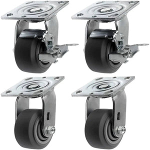 Heavy Duty 4 Inch Rubber Plate Casters - 4 Pack with 2 Brakes, 1400 lbs Total Capacity - Thermoplastic Swivel Caster Set