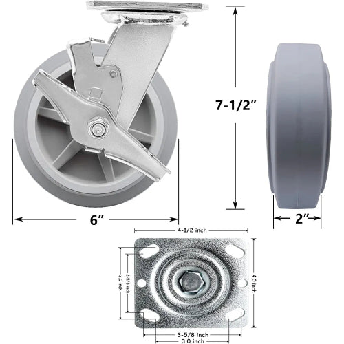 6" Gray Thermoplastic Rubber Swivel Casters with Brake, 2-Pack - 1100 lbs Total Capacity