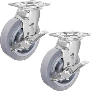 6" Gray Thermoplastic Rubber Swivel Casters with Brake, 2-Pack - 1100 lbs Total Capacity