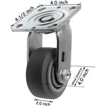 4" 4 Pack Plate Caster, Thermoplastic Heavy Duty Rubber Gray Swivel Rigid Caster, Top Plate Caster, 1400 lbs Total Capacity (4 inches Pack of 4, 2 Swivel & 2 Rigid)