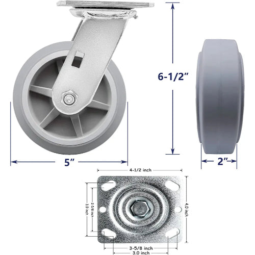 5" 2 Pack Plate Caster, Thermoplastic Heavy Duty Rubber Gray Swivel Caster, Top Plate Casters, 800 lbs Total Capacity (5 inches Pack of 2, Swivel Wheel)