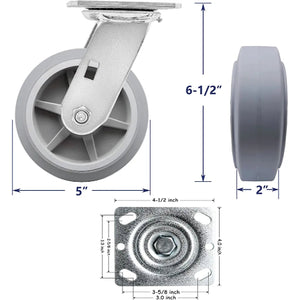 5" 2 Pack Plate Caster, Thermoplastic Heavy Duty Rubber Gray Swivel Caster, Top Plate Casters, 800 lbs Total Capacity (5 inches Pack of 2, Swivel Wheel)