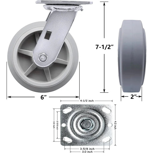 Set of 2 Gray 6" x 2" Swivel Caster Wheels with 1100 lbs Total Capacity - Thermoplastic Rubber and Zinc Steel Construction - Top Plate (6 inches) - Multipurpose Use