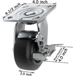 Heavy Duty 4" Rubber Plate Casters - Pack of 4, 2 Swivel with Brakes & 2 Rigid, 1400lbs Total Capacity, Thermoplastic Gray Caster Wheels