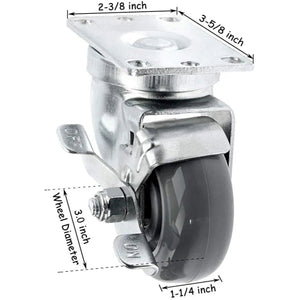 24-Pack Heavy-Duty Gray Polyurethane Plate Casters with 7200lbs Total Capacity - Swivel with Brakes - 3 Inch Wheel Diameter