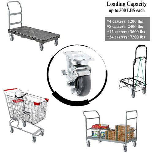 24-Pack Heavy-Duty Gray Polyurethane Plate Casters with 7200lbs Total Capacity - Swivel with Brakes - 3 Inch Wheel Diameter