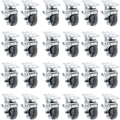 24-Pack Heavy-Duty Gray Polyurethane Plate Casters with 7200lbs Total Capacity - Swivel with Brakes - 3 Inch Wheel Diameter