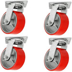 Heavy Duty 6" Polyurethane Plate Casters - 4 Pack with 4800lbs Total Capacity, 2" Extra Width, Red Swivel Wheels