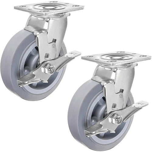 6" Thermoplastic Rubber Gray Swivel Caster, Top Plate (Pack of 4, 2 w/Brake) - 2200 lbs Capacity