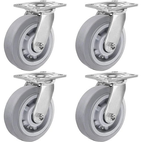 6" Thermoplastic Rubber Gray Swivel Caster, Top Plate (Pack of 4, 2 w/Brake) - 2200 lbs Capacity