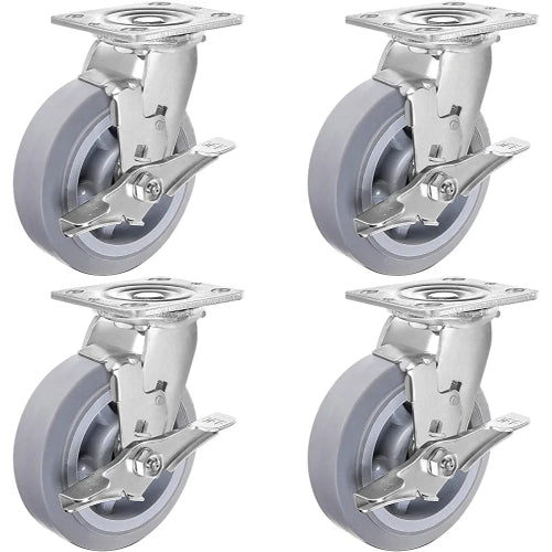 6" Thermoplastic Rubber Gray Swivel Caster, Top Plate (Pack of 4, 2 w/Brake) - 2200 lbs Capacity