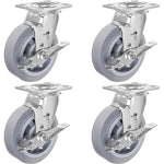 6" Thermoplastic Rubber Gray Swivel Caster, Top Plate (Pack of 4, 2 w/Brake) - 2200 lbs Capacity