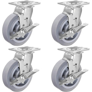 6" Thermoplastic Rubber Gray Swivel Caster, Top Plate (Pack of 4, 2 w/Brake) - 2200 lbs Capacity