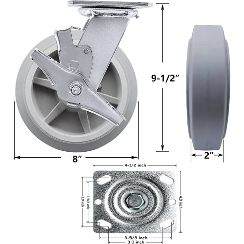 Set of 2 Heavy Duty 8-inch Swivel Plate Casters with Brake - 1200lbs Total Capacity - Gray Rubber Wheels