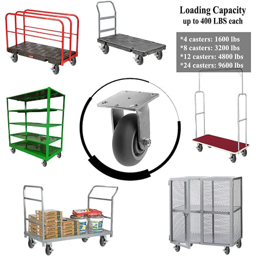 Upgrade Your Mobility with 5" Crowned Thermoplastic Plate Casters - Heavy Duty Rubber, Gray Rigid Wheels - 800 lbs Total Capacity - Pack of 2