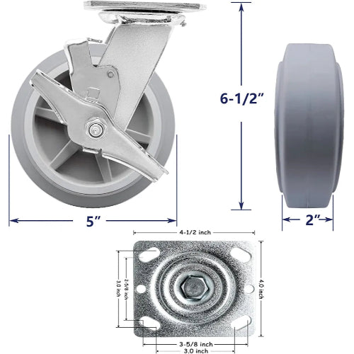 Heavy Duty 5" Gray Rubber Plate Casters - 4 Pack with 2 Brakes - 1600 lbs Total Capacity - Swivel Top Plate Casters