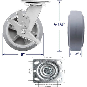 Heavy Duty 5" Gray Rubber Plate Casters - 4 Pack with 2 Brakes - 1600 lbs Total Capacity - Swivel Top Plate Casters