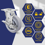 Heavy Duty 5" Gray Rubber Plate Casters - 4 Pack with 2 Brakes - 1600 lbs Total Capacity - Swivel Top Plate Casters