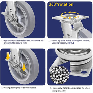 Heavy Duty 5" Gray Rubber Plate Casters - 4 Pack with 2 Brakes - 1600 lbs Total Capacity - Swivel Top Plate Casters