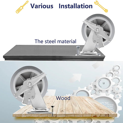 Heavy Duty 5" Gray Rubber Plate Casters - 4 Pack with 2 Brakes - 1600 lbs Total Capacity - Swivel Top Plate Casters