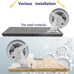 Heavy Duty 5" Gray Rubber Plate Casters - 4 Pack with 2 Brakes - 1600 lbs Total Capacity - Swivel Top Plate Casters