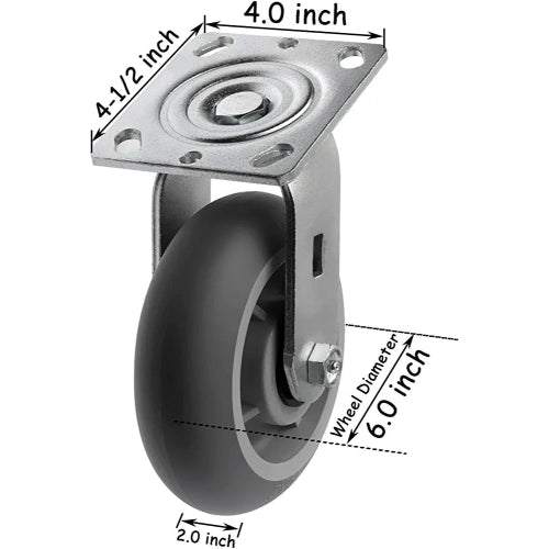 6" 2 Pack Plate Caster, Crowned Thermoplastic Heavy Duty Rubber Gray Swivel Caster, Top Plate Casters, 900 lbs Total Capacity (6 inches Pack of 2, Swivel Wheel)