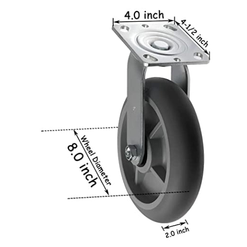 8" 2 Pack Plate Caster, Crowned Thermoplastic Heavy Duty Rubber Gray Swivel Caster, Top Plate Casters, 1200 lbs Total Capacity (8 inches Pack of 2, Swivel Wheel)