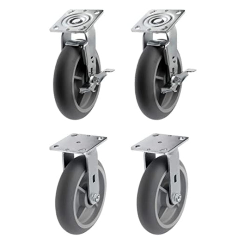 8" 4 Pack Plate Caster Crowned Thermoplastic Heavy Duty Rubber Gray Swivel Rigid Caster Top Plate Caster, 2400 lbs Total Capacity (8 inches Pack of 4, 2 Swivel w/Brakes & 2 Rigid)