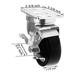 3" 24 Pack Plate Caster Polyolefin Black Rubber Top Plain Plate Swivel Caster, Top Plate Caster, 7920 lbs Total Capacity (3 inches Pack of 24, 24 Swivel w/Brakes)