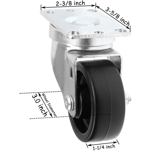 8-Pack 3-Inch Polyolefin Plate Casters with 2640 lbs Total Capacity - Swivel with Black Rubber Top and Plain Plate for Smooth Mobility (Pack of 8, All Swivel)