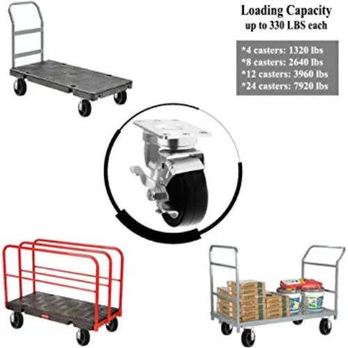 Maximize Mobility: 8 Pack 3" Polyolefin Plate Casters with Black Rubber Top, Swivel with Brakes, 2640 lbs Total Capacity