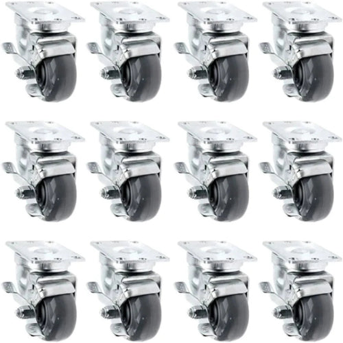 12 Pack 3" Gray Polyurethane Swivel Plate Casters with Brakes - 3600lbs Total Capacity - Top Annular Plate Design