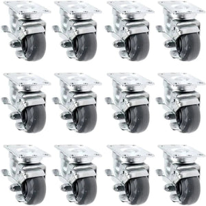 12 Pack 3" Gray Polyurethane Swivel Plate Casters with Brakes - 3600lbs Total Capacity - Top Annular Plate Design