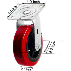 6" Plate Caster Wheel 4 Pack - Polyolefin/Polyurethane Wheels - 3600 lb Total Capacity - Top Plate Caster with Extra Width - Pack of 4 Swivel Casters (No Brakes)