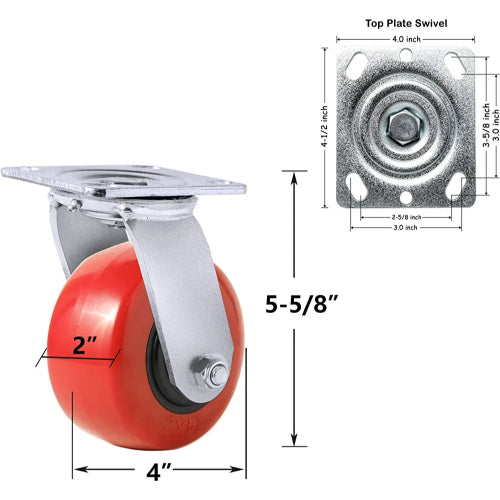 Heavy-Duty 4" Polyolefin/Polyurethane Caster Wheel 4-Pack - 2800 lbs Total Capacity - 2" Extra Width Top Plate - Swivel Casters