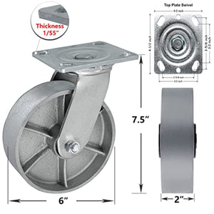 Heavy Duty Plate Casters - 6" 4-Pack with 4800 lbs Total Capacity, Steel Cast Iron Wheels, Extra Wide Top Plate and 4 Swivel Silver Casters