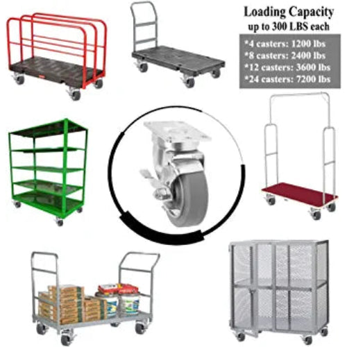 3" Heavy Duty Thermosplastic Rubber Swivel Caster w/Brakes (300lb/each) - Pack of 4