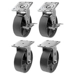 6-Inch Heavy Duty Plate Casters, 4-Pack with 4800 lbs Total Capacity - Steel Cast Iron Wheels, Extra 2-Inch Width Top Plate, Silver - Includes 2 Swivel Casters with Brakes and 2 Rigid Casters