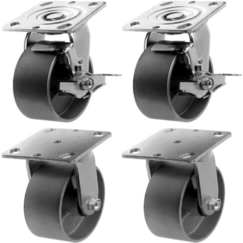 5 Inch Heavy Duty Steel Plate Casters - 4 Pack, 4000 lbs Total Capacity with 2 Inch Extra Width Top Plate Cast Iron Wheel