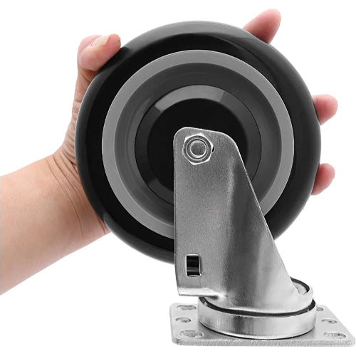 Premium 5" Polyurethane Plate Casters - 4 Pack, 1400 lbs Total Capacity, Double Ball Bearing, Swivel w/ Brake, Black & Dark Gray