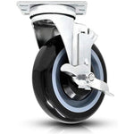 Premium 5" Polyurethane Plate Casters - 4 Pack, 1400 lbs Total Capacity, Double Ball Bearing, Swivel w/ Brake, Black & Dark Gray