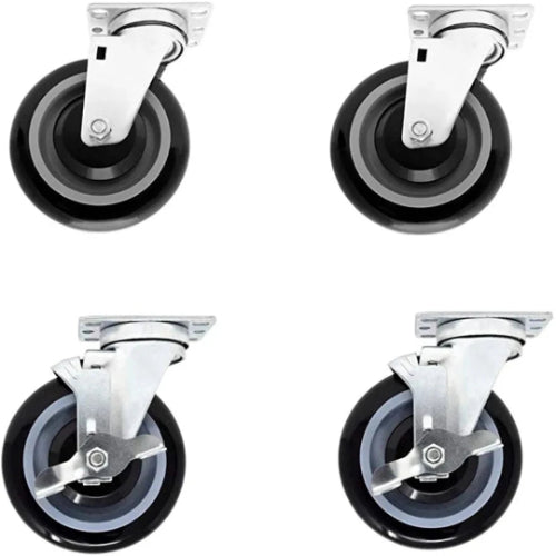 Premium 5" Polyurethane Plate Casters - 4 Pack, 1400 lbs Total Capacity, Double Ball Bearing, Swivel w/ Brake, Black & Dark Gray