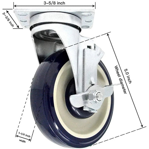 5" Polyurethane Plate Casters - 4 Pack with Double Ball Bearing Top Plate and 1400 lbs Total Capacity (Dark Blue/Beige, 4 Swivel 2 with Brake)