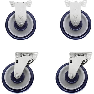 5" Polyurethane Plate Casters - 4 Pack with Double Ball Bearing Top Plate and 1400 lbs Total Capacity (Dark Blue/Beige, 4 Swivel 2 with Brake)